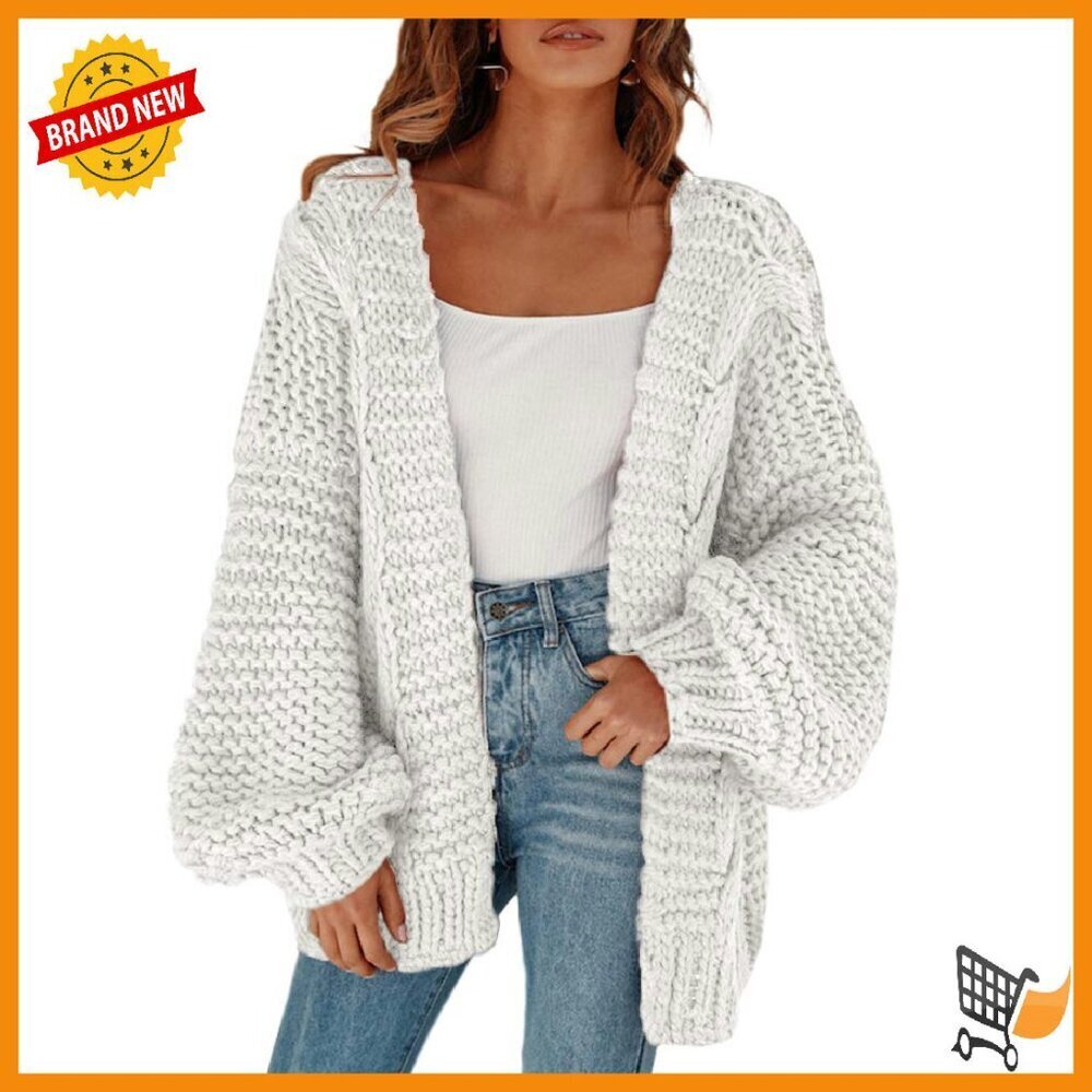 Oversized Chunky Knit Cardigan Open Front Lantern Sleeve Sweater